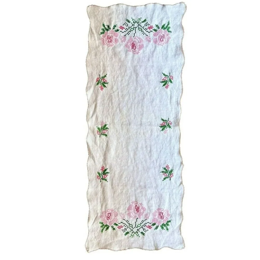 Vtg Handmade Cross Stitch Table Runner Pink Roses Linen Dresser Scarf 14x35 READ